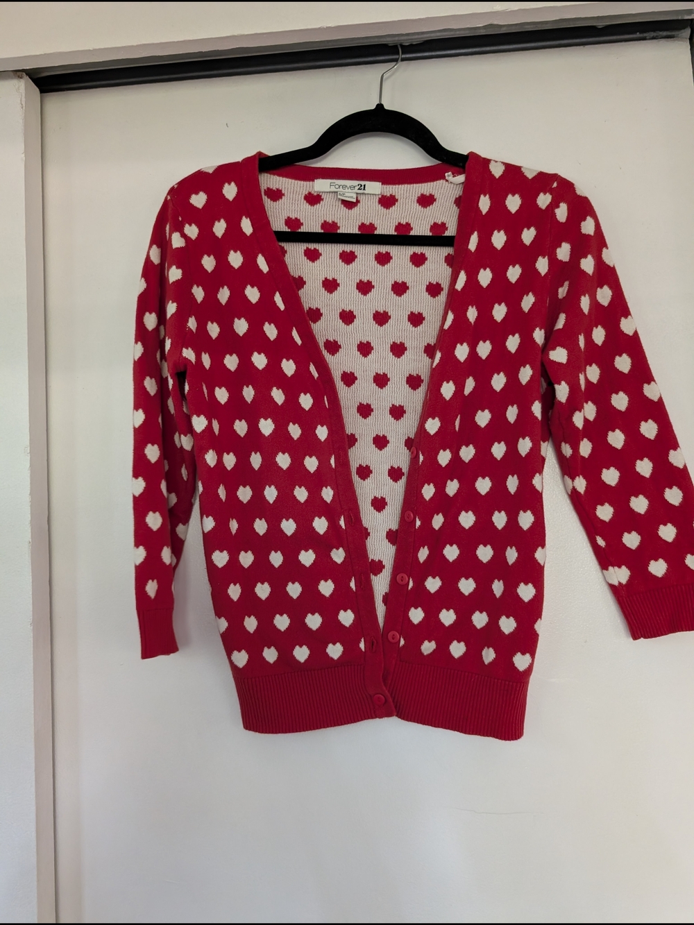 Forever 21 Red Cardigan with White Heart Print